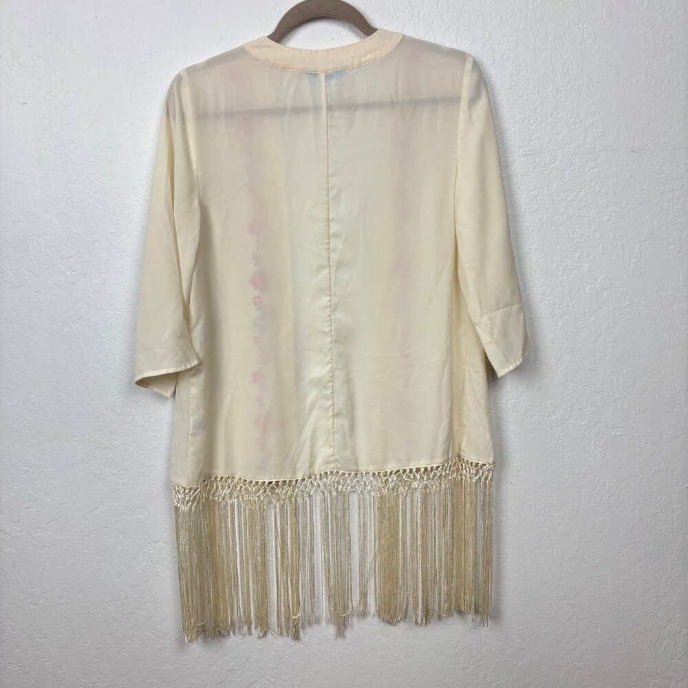 L'Amour Nanette Lepore M Floral Fringe Kimono Cardigan Cream Lightweight Boho La - Picture 5 of 5
